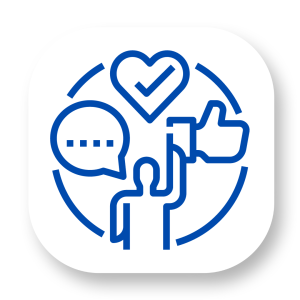 Icon depicts person, speech bubble, heart with a tick and thumbs up