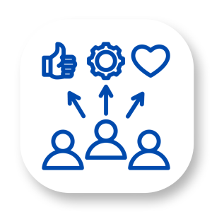 Icon depicts people with arrows pointing to likes and loves and cogs